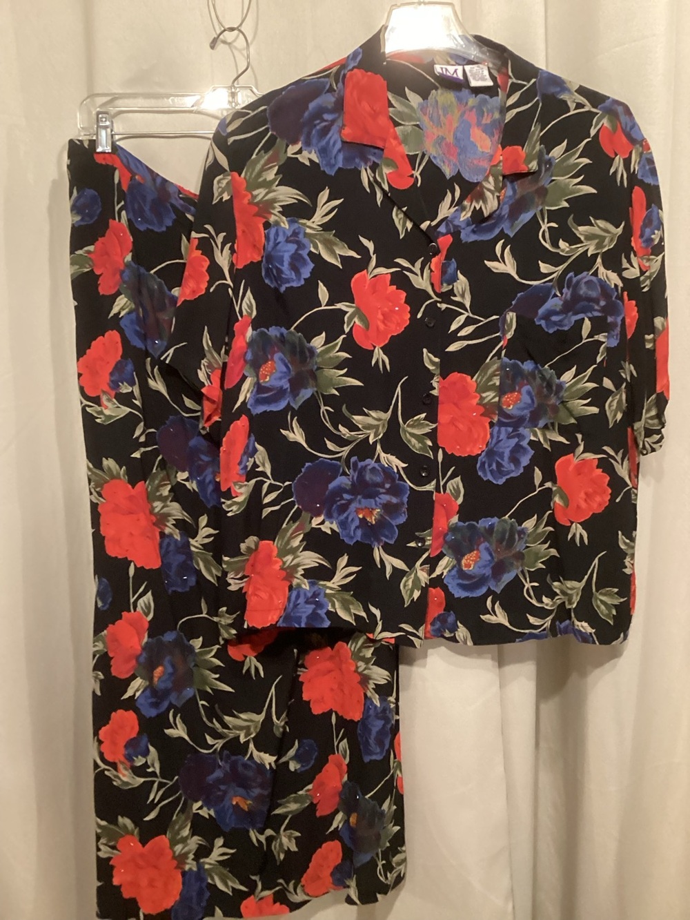 Black Floral Button-Up Jacket, Top and Skirt Set - Red & Royal Blue Blooms